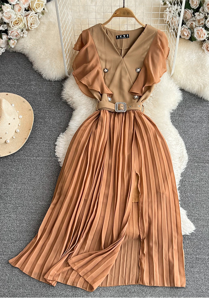 Women Contrast Color Flying Sleeve Collar Slit Pleated Dress