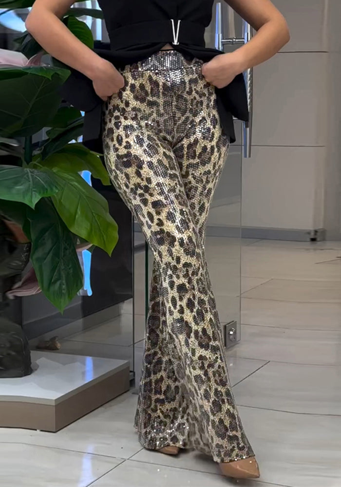 Women Leopard Print Sequin Stretchy Bell Bottom Pants
