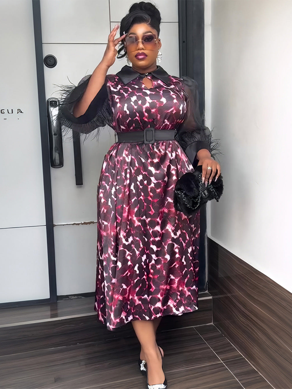 Plus Size African Women Three-quarter Sleeve Black Feather Turndown Collar Print Dress 6