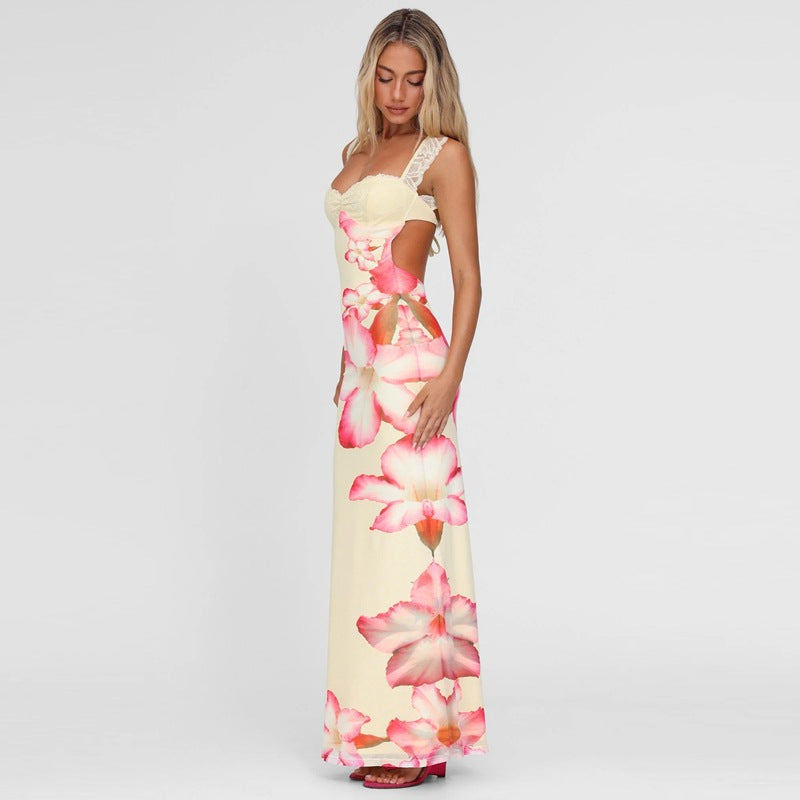 Women's Summer Flower Print Lace Patchwork Strap Low-Back Dress 5