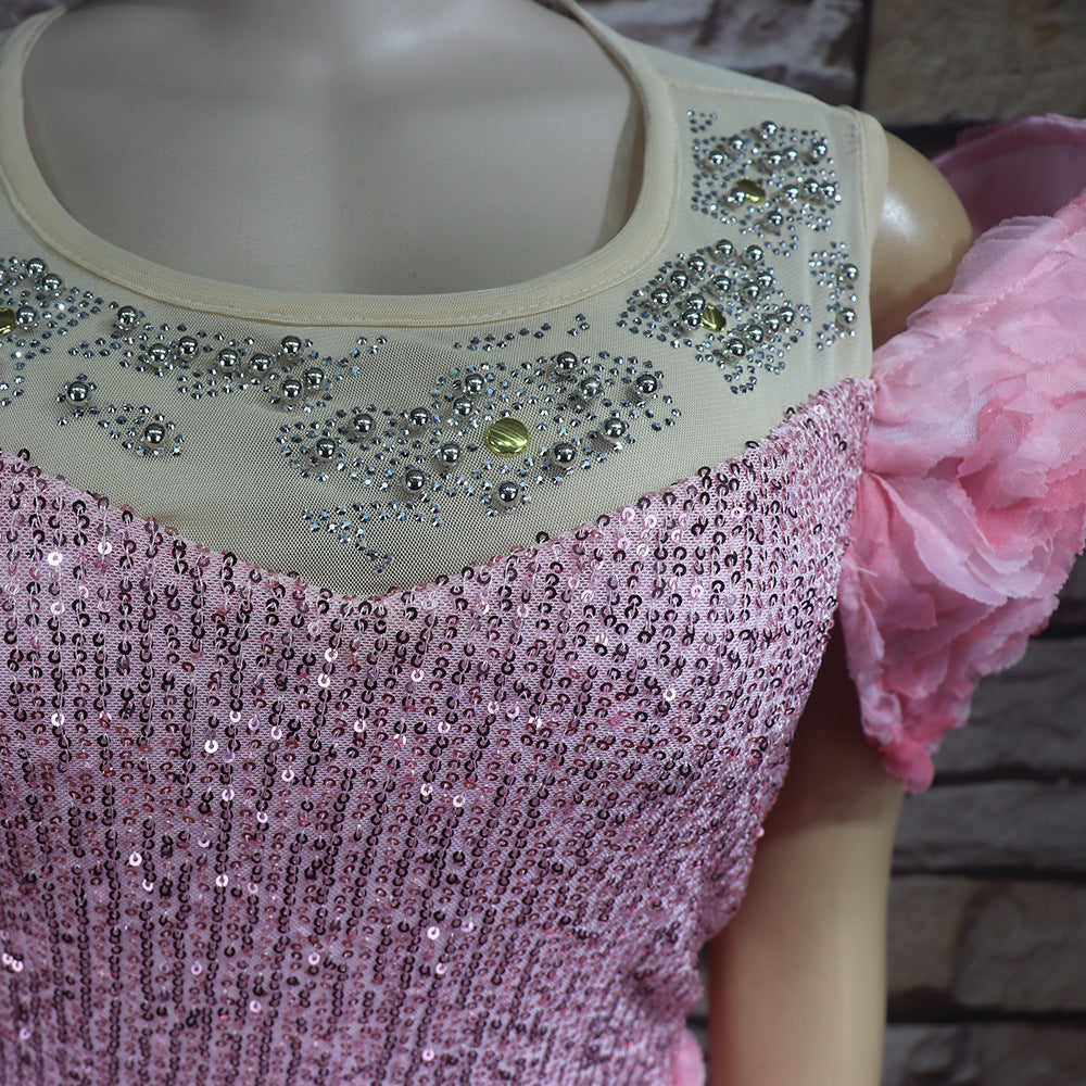 African Women's Dress Luxury Embroidery Off Shoulder Mesh Beaded Belted Evening Dress 10