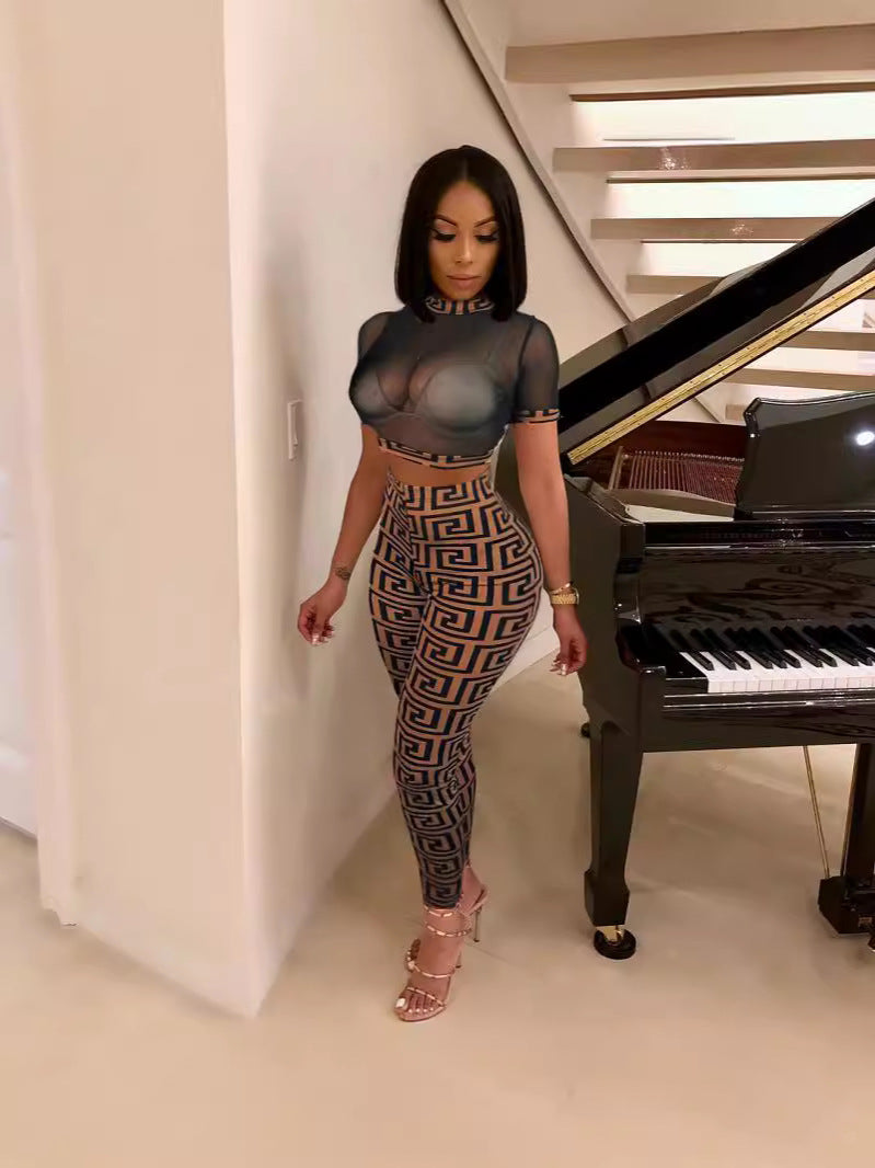 Women summer sexy mesh See-Through Top and Pant two-piece set 7