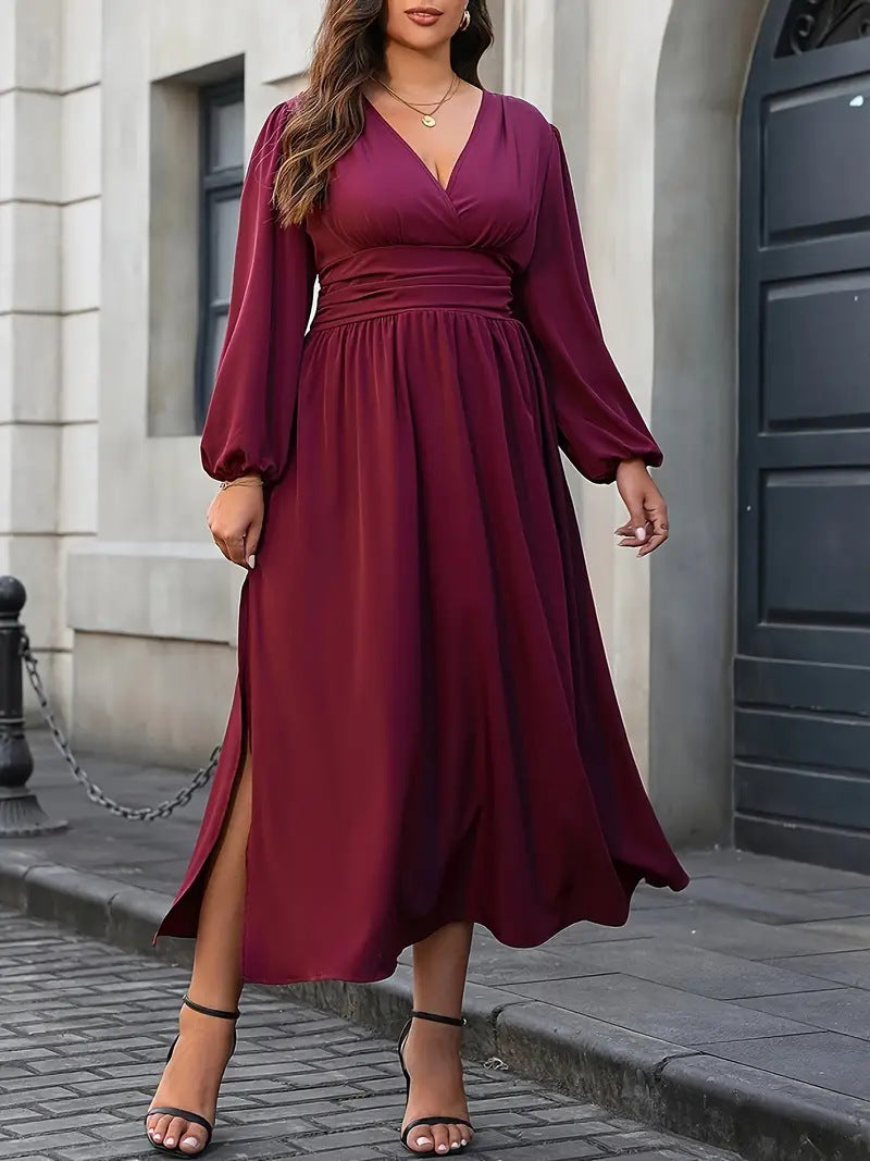 Plus Size Women Lantern Sleeve Slit Dress 4