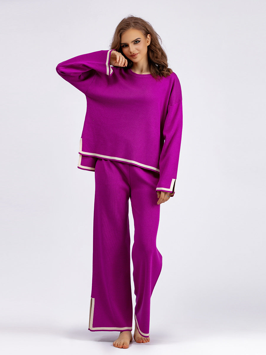 Autumn And Winter Chic Contrast Color Split Long Sleeve Knitting Top High Waist Wide Leg Pants Two-Piece Set 7