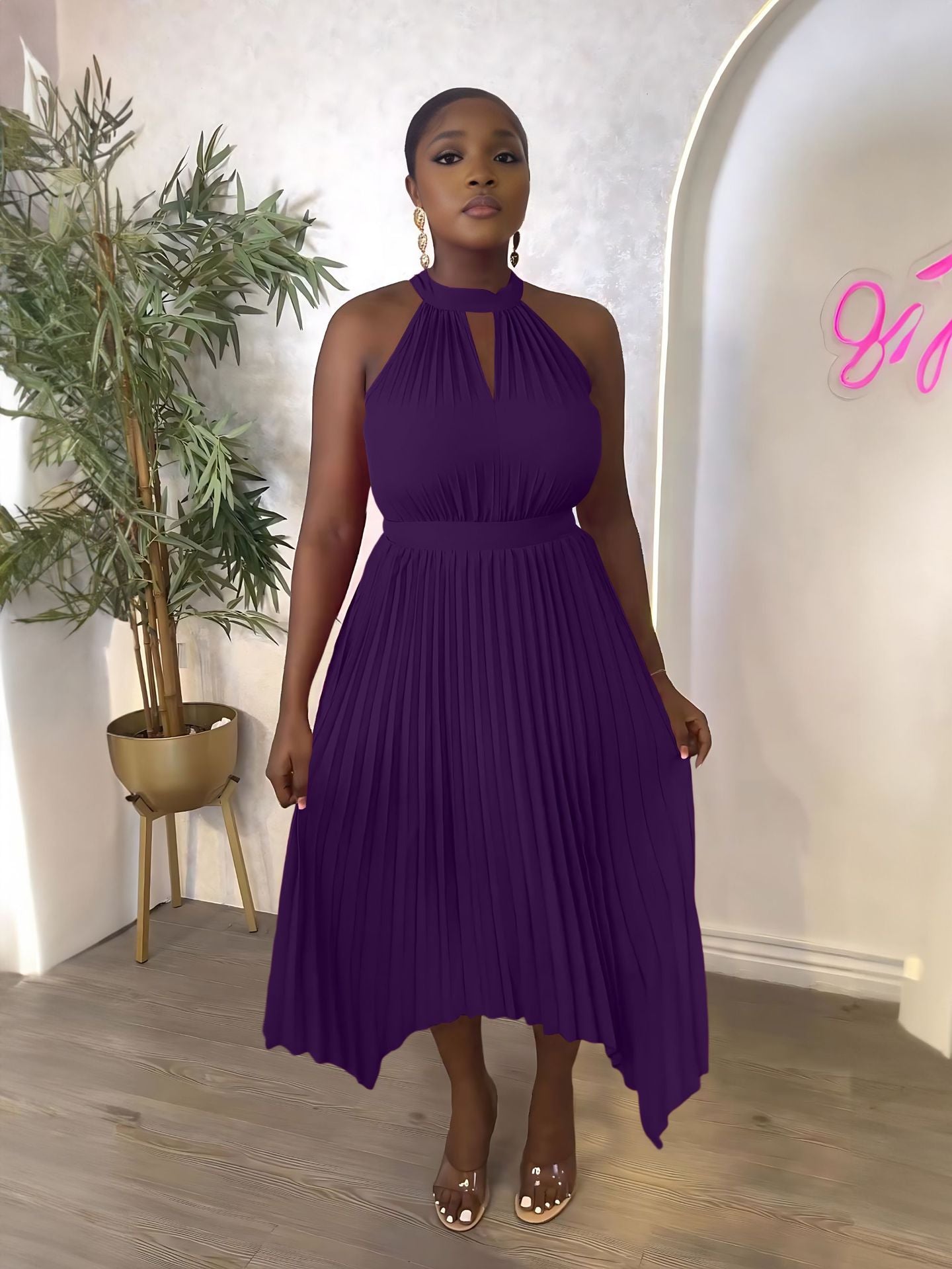 Women Casual Sleeveless Clipped Pleated Halter Neck Dress 5