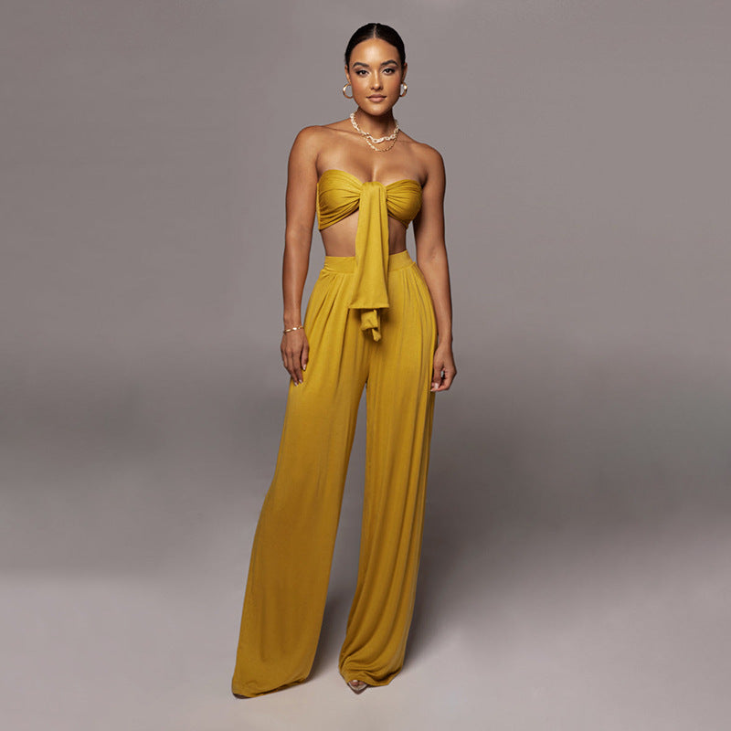 Women's Sexy Solid Color Tie Strapless Top Mid-Waist Wide Leg Pants Fashion Casual Two Piece Set