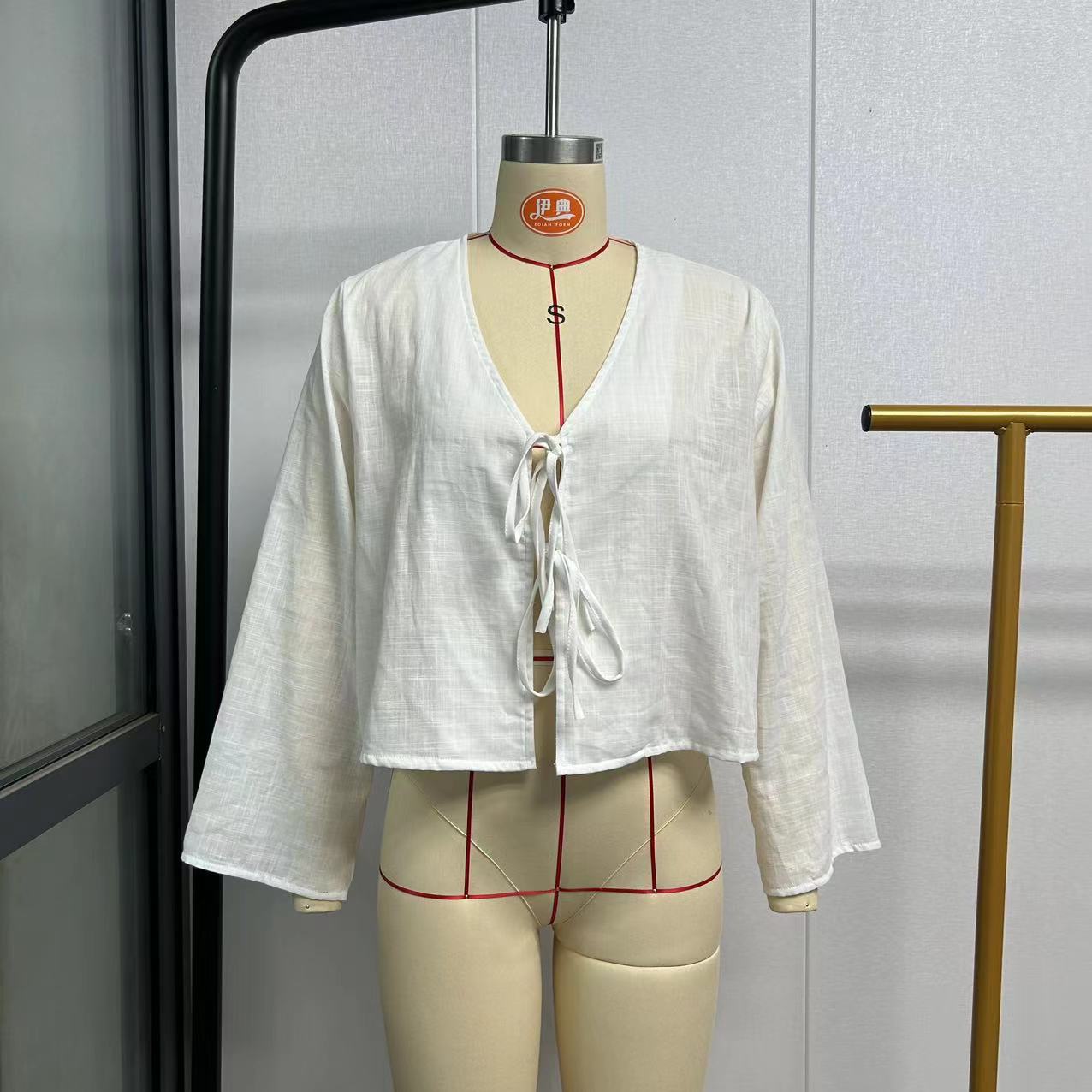 Women's Deep V Bell Bottom Sleeve Lace-Up Tops 13