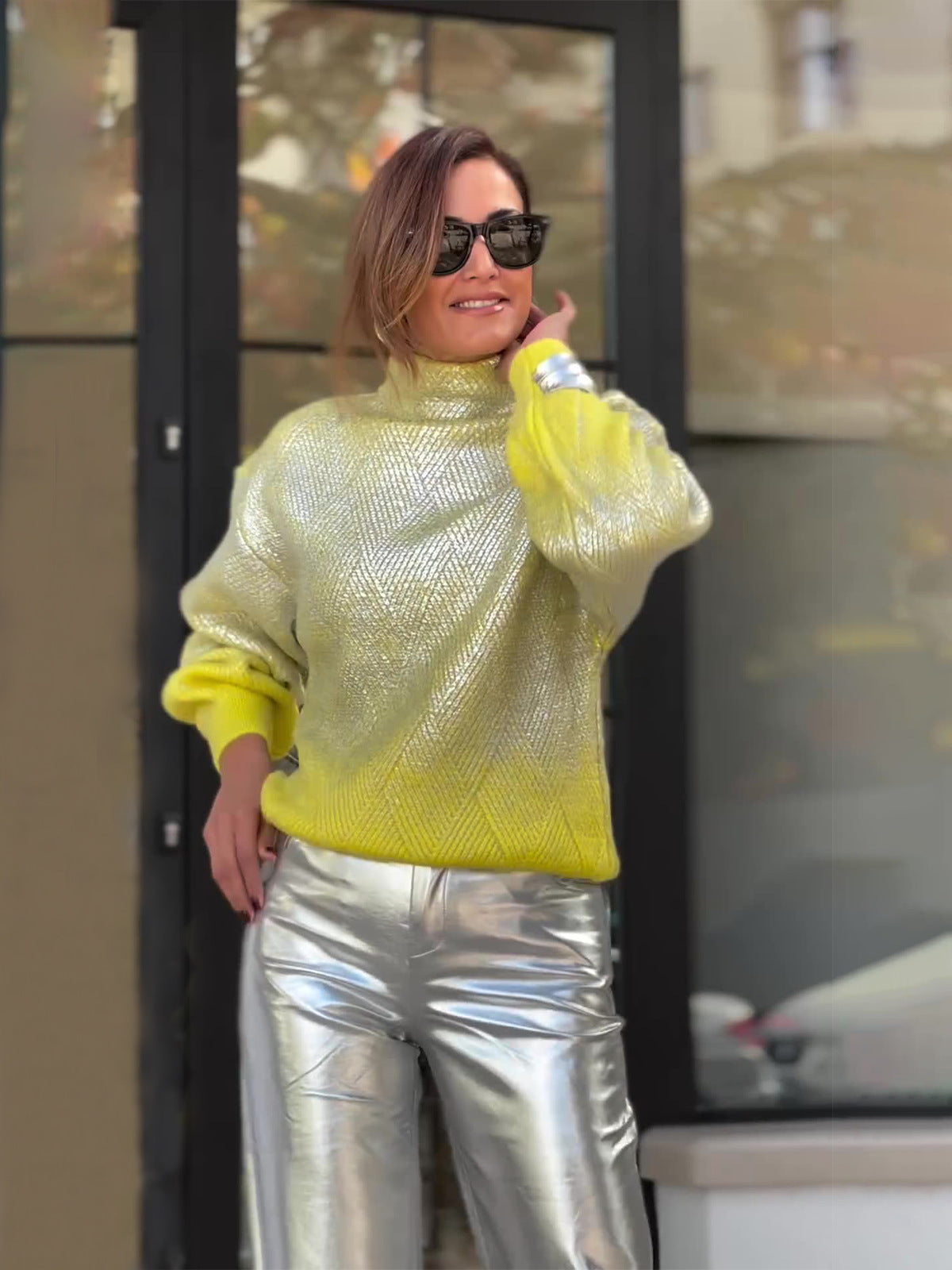 Autumn High-Neck Fashion Plaid Pullover Casual Women's Sweater 4