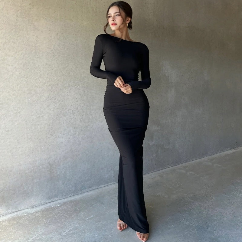 Women's Long-Sleeved Sexy Deep V-Neck Pleated Slim Long Dress