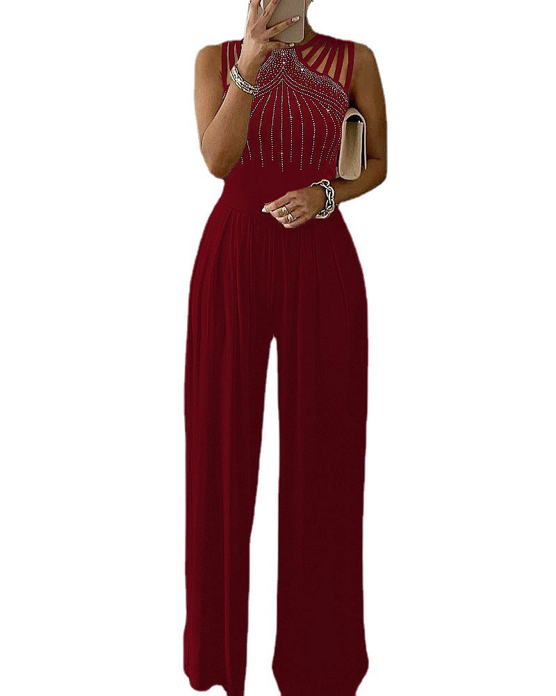 Slim Waist Hollow Out One-Piece Solid Summer Beaded Wide-Leg Jumpsuit 8