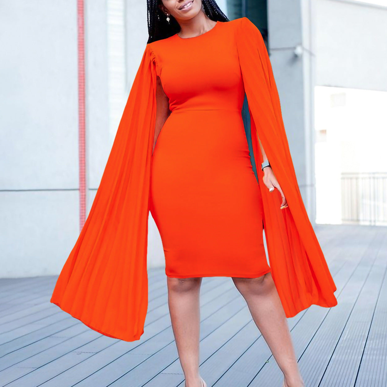 Women's Fashion Solid Color Round Neck Pleated Shawl Sleeve Formal Party Evening Dress 9