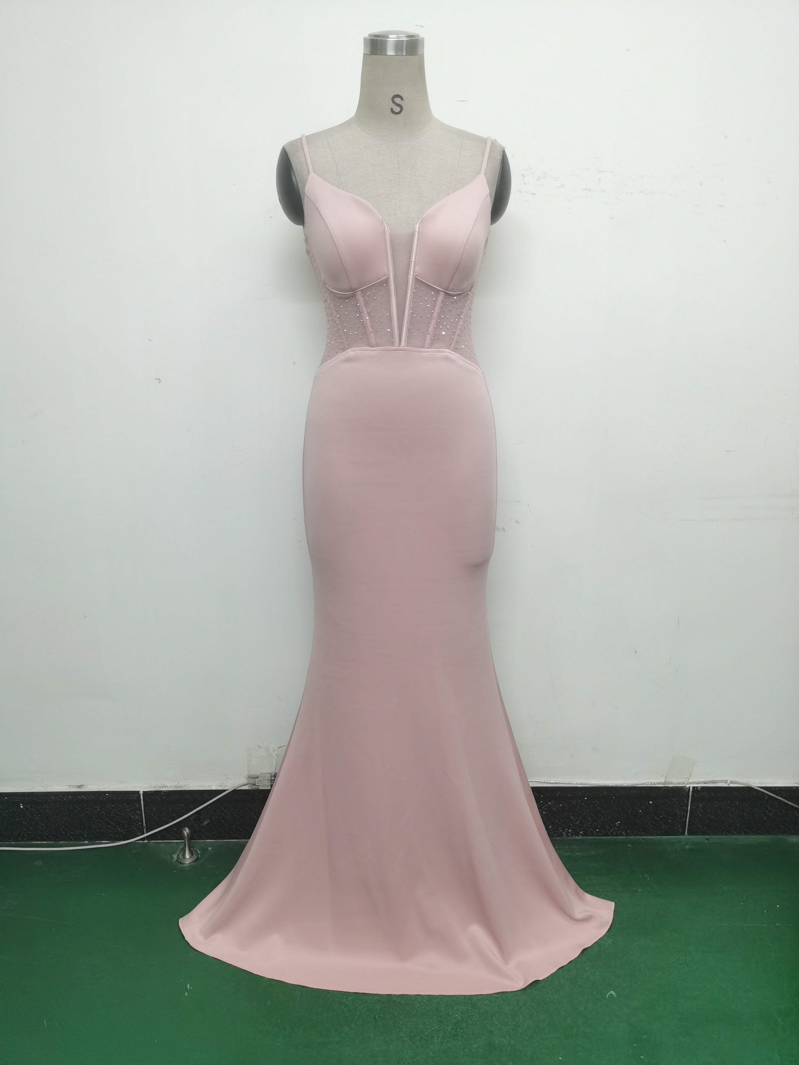 Women fishbone Fitted Mesh Beaded Bodycon fishtail evening dress 32