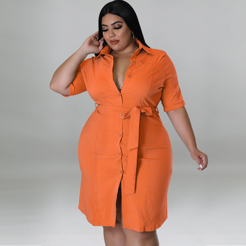 Plus Size Women Fall Solid Short Sleeve Shirt Dress 6
