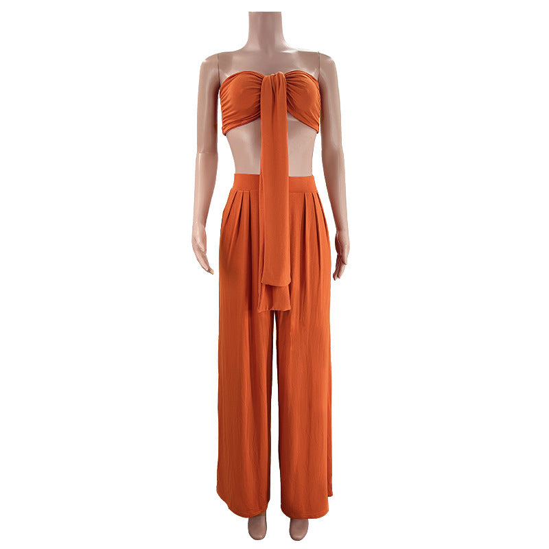 Women's Sexy Solid Color Tie Strapless Top Mid-Waist Wide Leg Pants Fashion Casual Two Piece Set 12