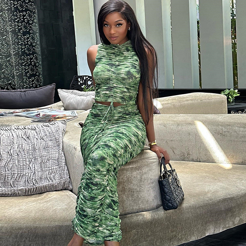 Printed Sleeveless Drawstring Top and Skirt Two-piece Set 3