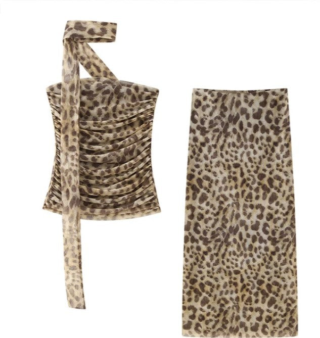 Women spring leopard print Strapless Top and Skirt two-piece set