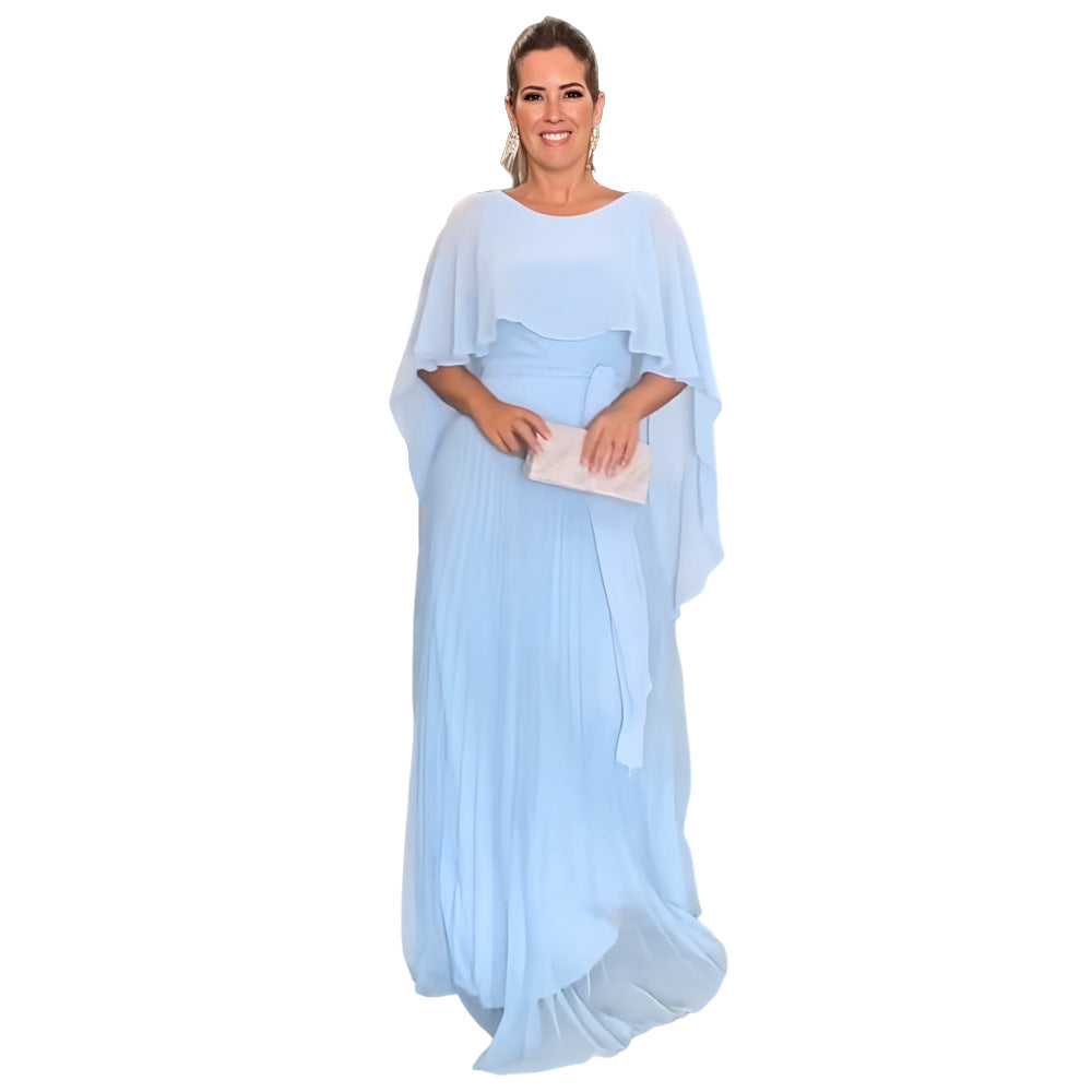 Chic Solid Color Shawl Evening Dress High Waist Womens Chiffon Pleated Dress 11