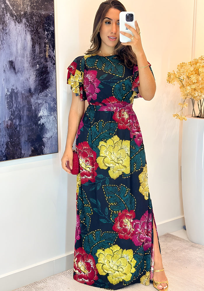 Chic Flower Print Ruffle Short Sleeve High Waist Belt Side Slit Long Dress