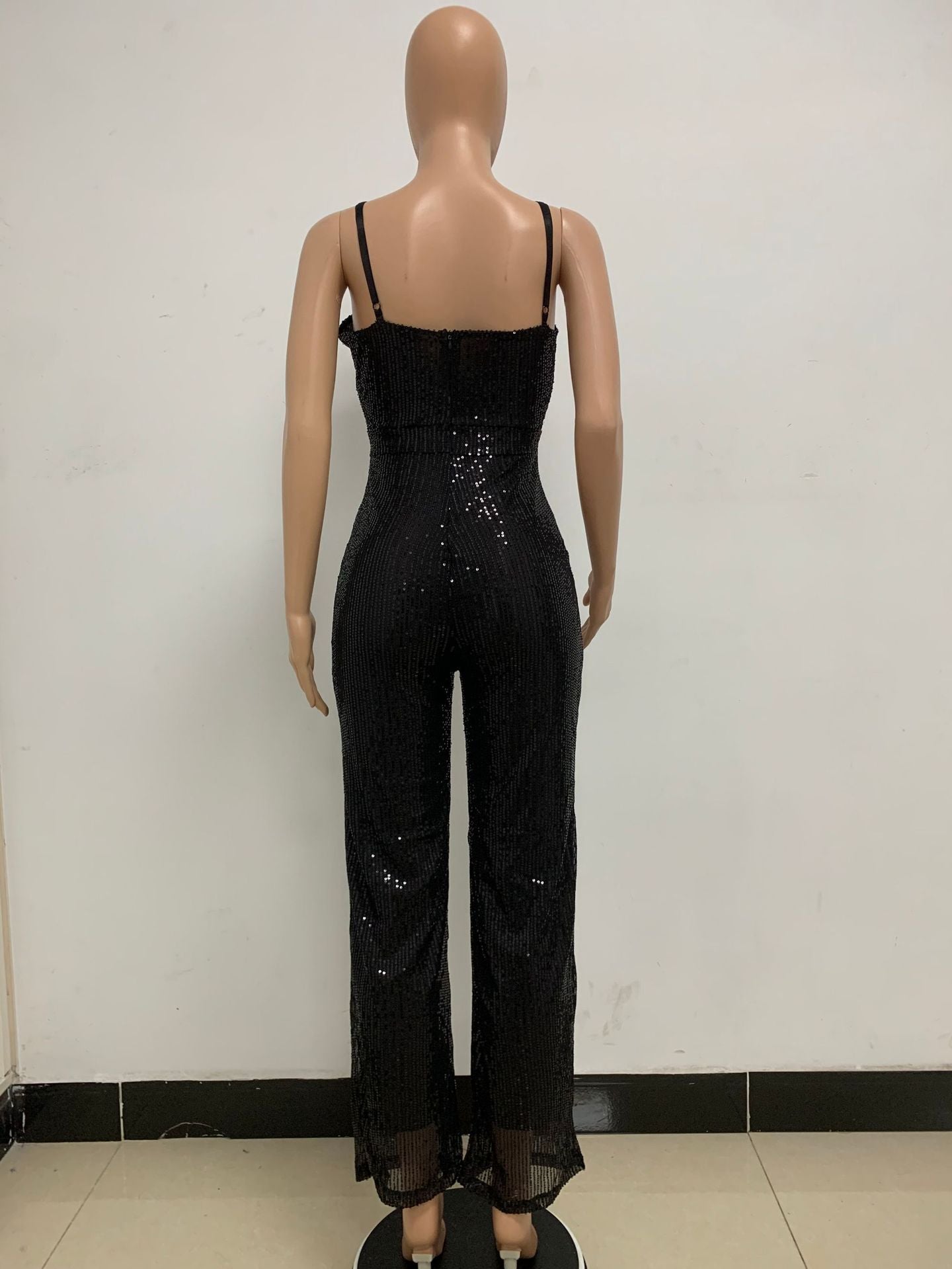 Deep V Neck Low Back Sleeveless Chic Sequined Straps Elegant Women's Party Jumpsuit 55