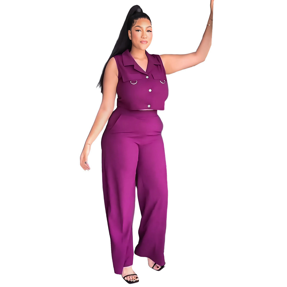 Solid turndown Collar Vest Casual High Waist Straight Leg Trousers Two-Piece Set 10