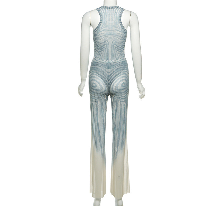 Women's Summer Fashionable Sexy Mesh Sheer Sleeveless Bodysuit Pants Set 8