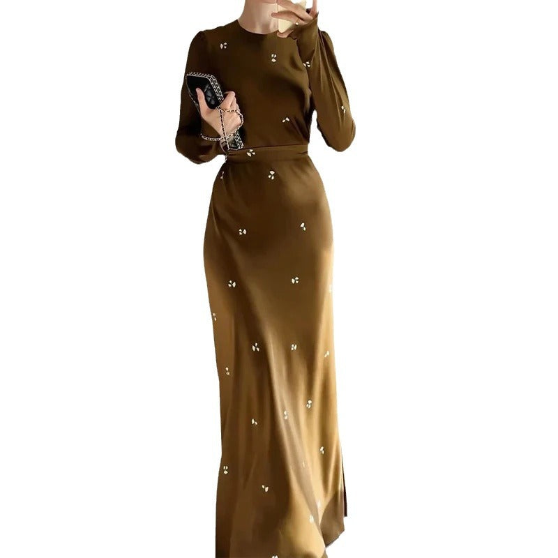 Women Round Neck Floral Long Sleeve Belt Bodycon Dress 7