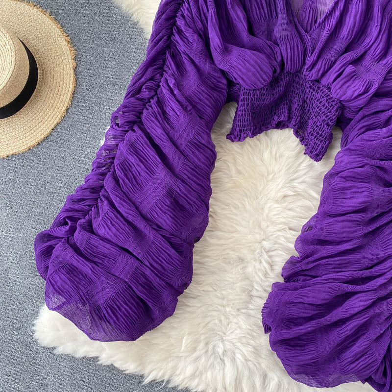 Pleated Puff Sleeves Slim Short Fashionable Chiffon Shirt Tops 28