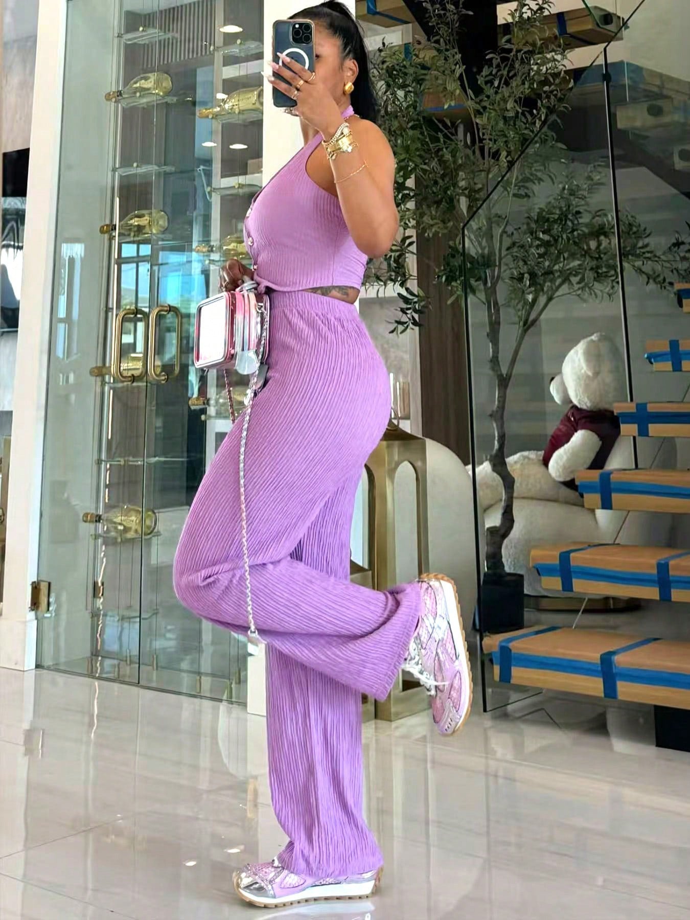 Women Halter Neck Crop Top and Wide Leg Pants Two-piece Set 5