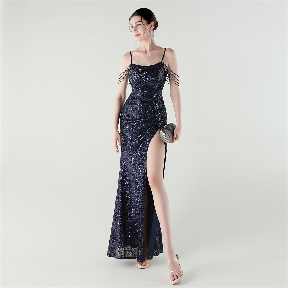 Sexy Low Back Fishtail Sequin Evening Dress Beaded Slim Dinner Gown 13