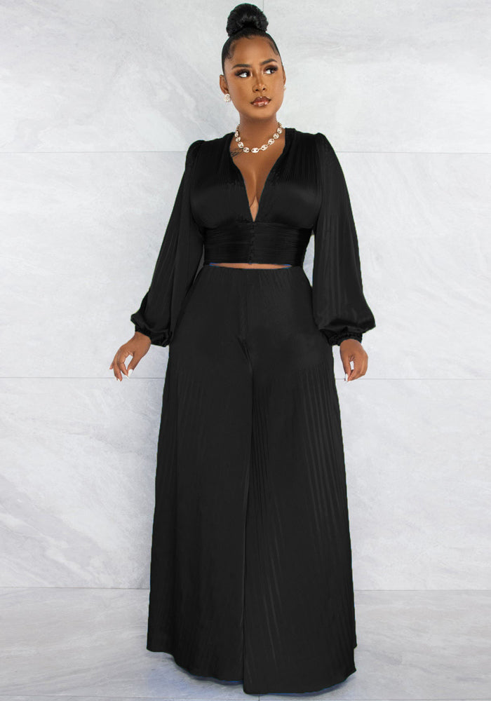 Women sexy pleated v-neck top and wide-leg pants two-piece set