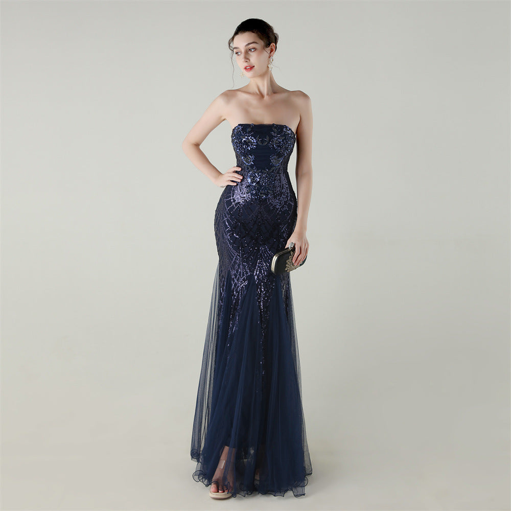 Women Strapless cross Lace-Up sequined tube flower sequined mesh evening dress Formal Party evening dress 52