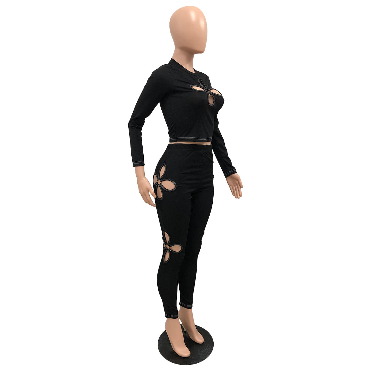 Stretch Ribbed Quatrefoil Cutout Sexy Two-Piece Set 8