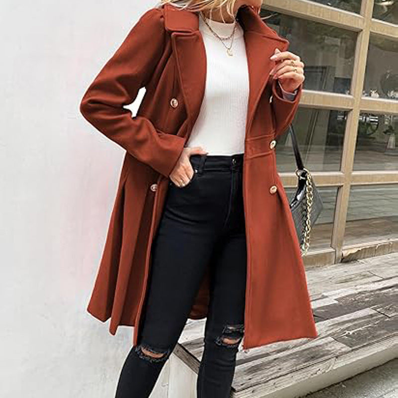 Women Fall and Winter Turndown Collar Double-Breasted Pocket Windbreaker 80