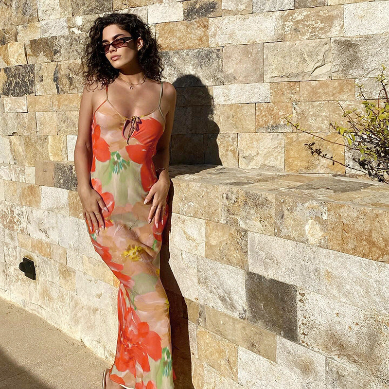Summer Sexy Printed Lace-Up Hollow Holidays Strap Fishtail Dress