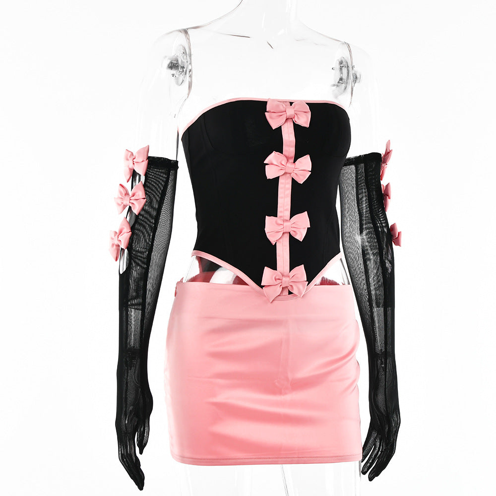 Sexy Fashion Bow Design Lace-Up Strapless Top Gloves Set 7