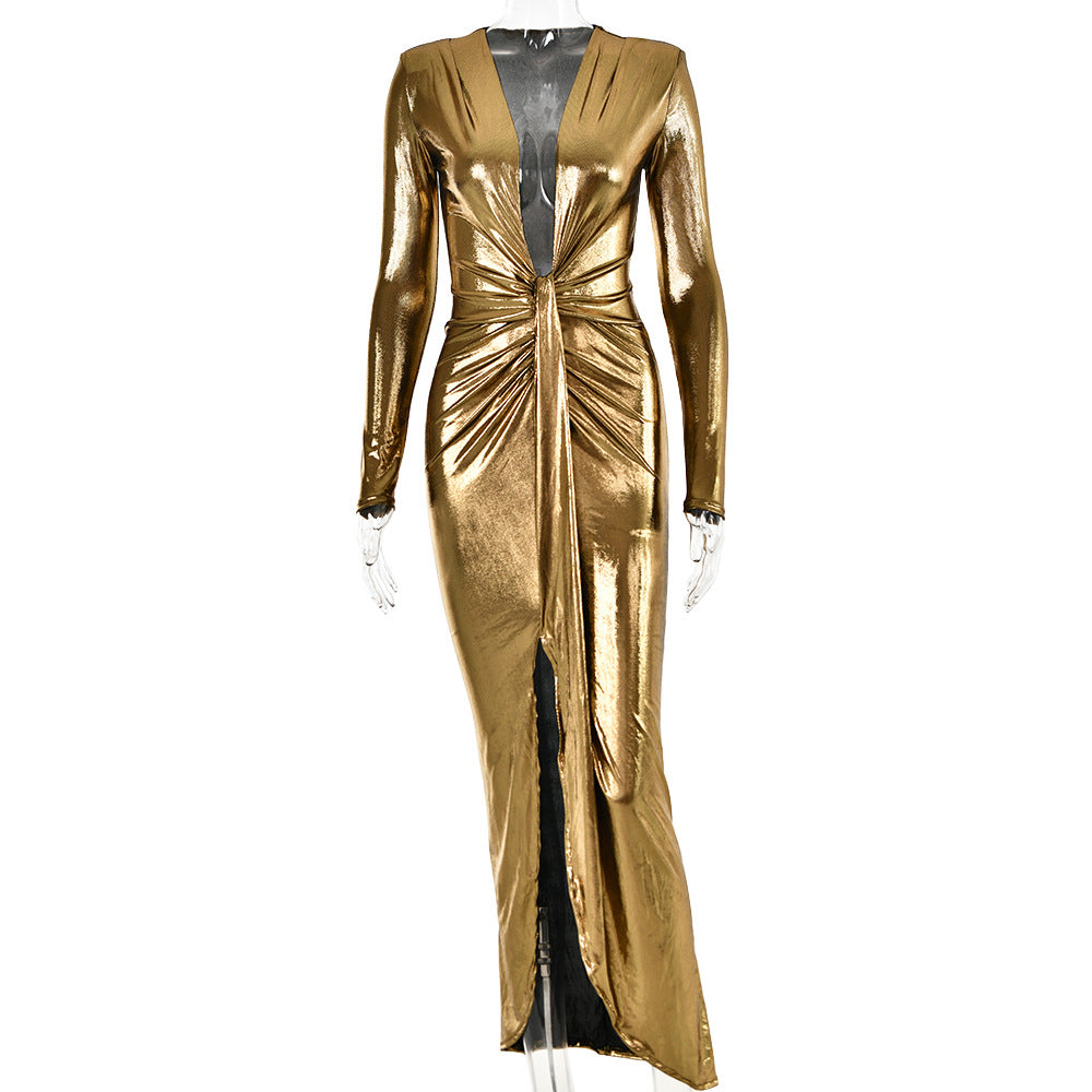 Sexy Chic V-Neck Long Sleeve Patchwork Pleated Leather Dress 7