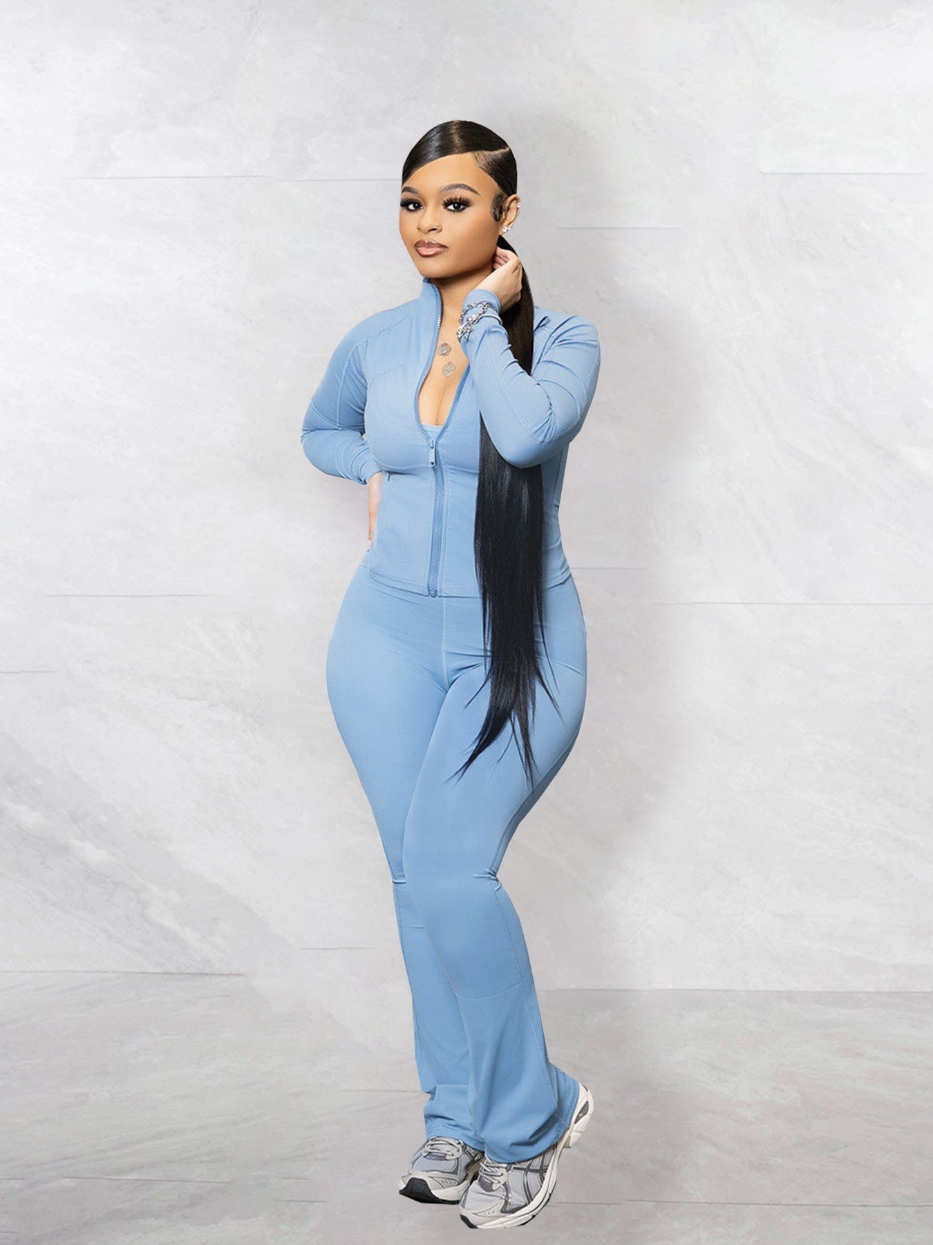 Women's Fashion Solid Color Pocket Zipper High Collar Jacket Casual Jumpsuit Sports Two-Piece Set 5