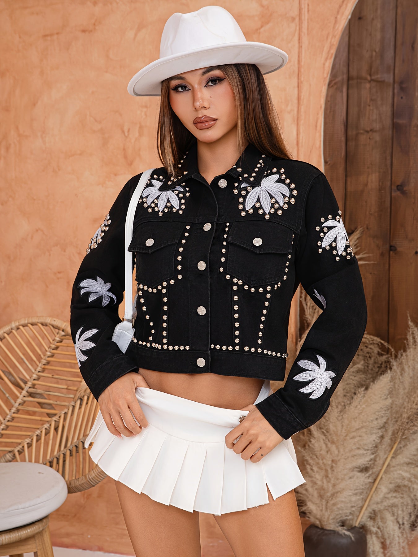 Women Beaded Embroidered Long-Sleeved Pocket Denim Jacket