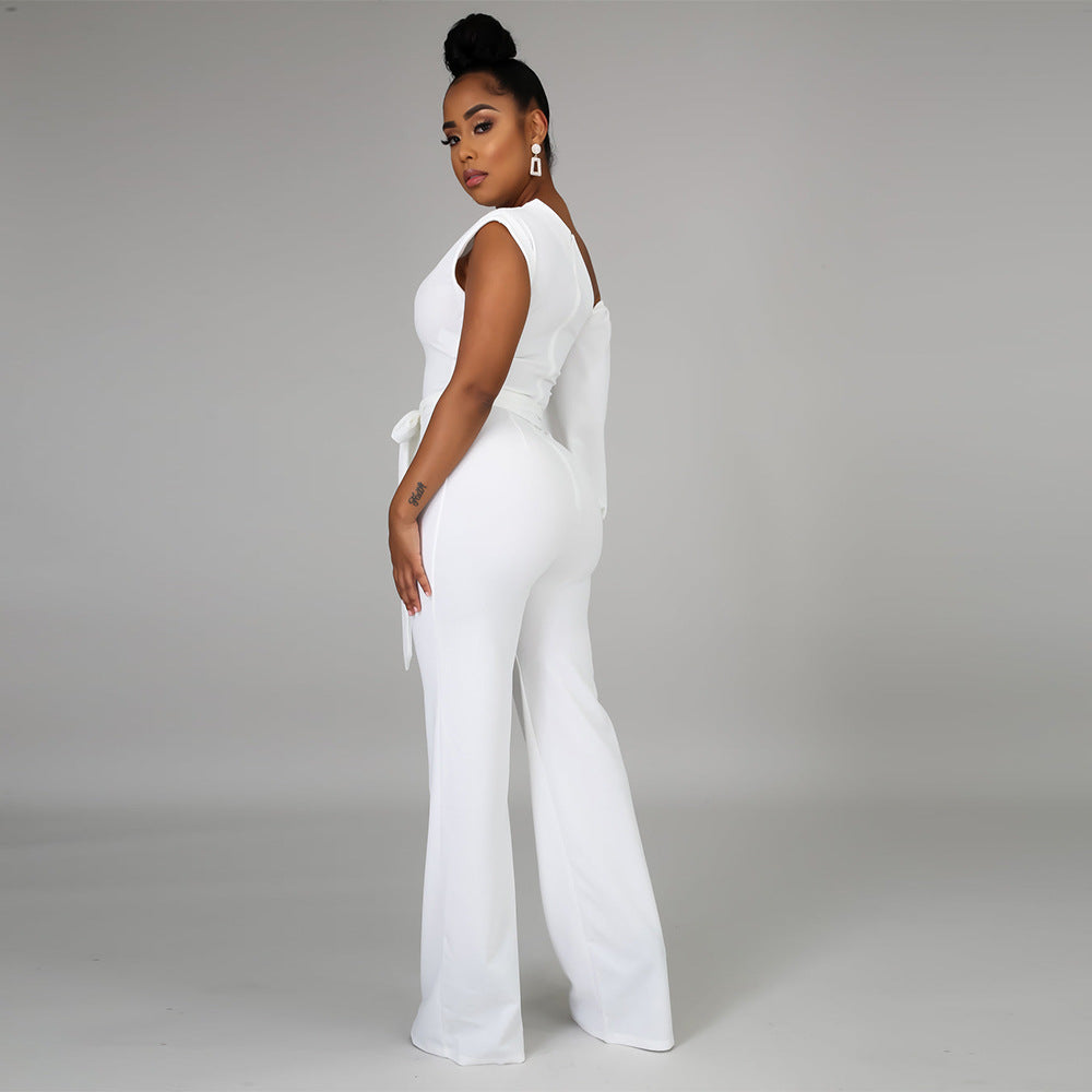 Women Solid Color One Shoulder Wide Leg Jumpsuit 6