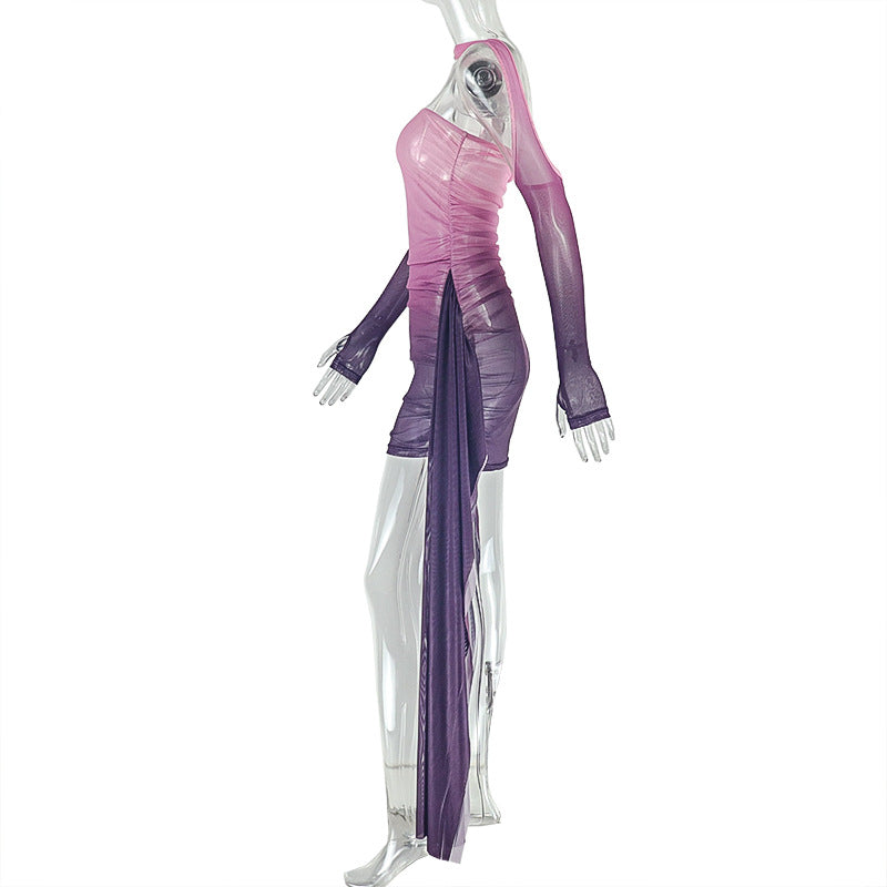 Women Ombre Strapless Off-Shoulder Lace-Up Long-Sleeved Bodycon Dress 7