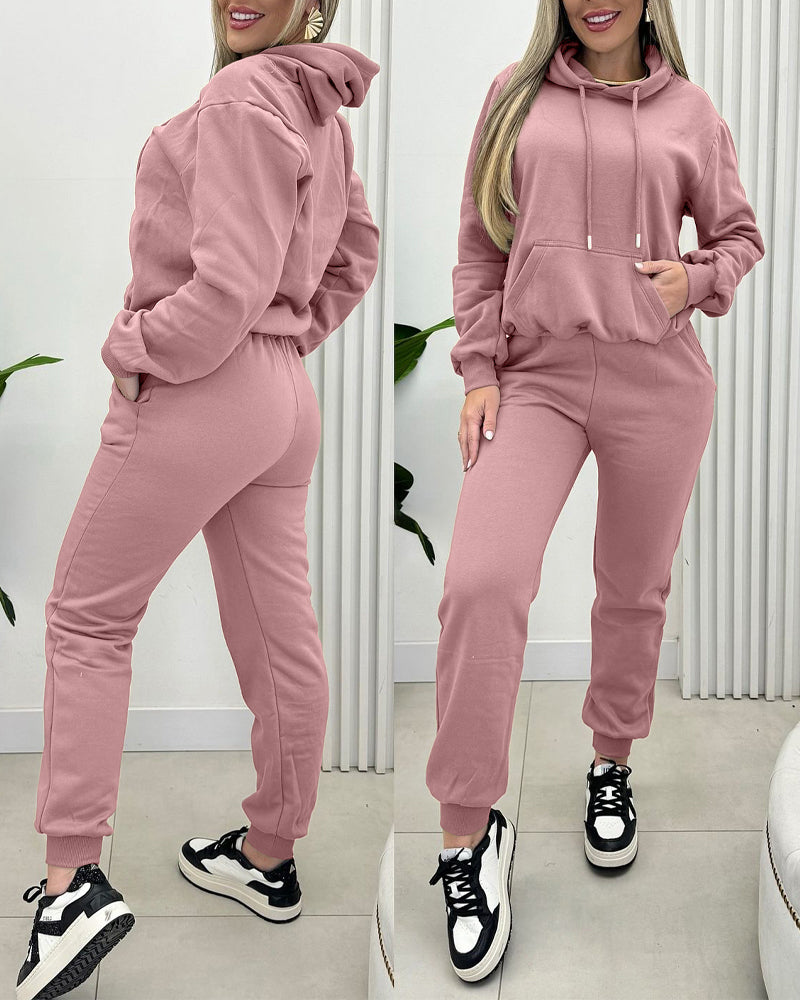 Women's Solid Color Casual Sports Hooded Two Piece Tracksuit 5