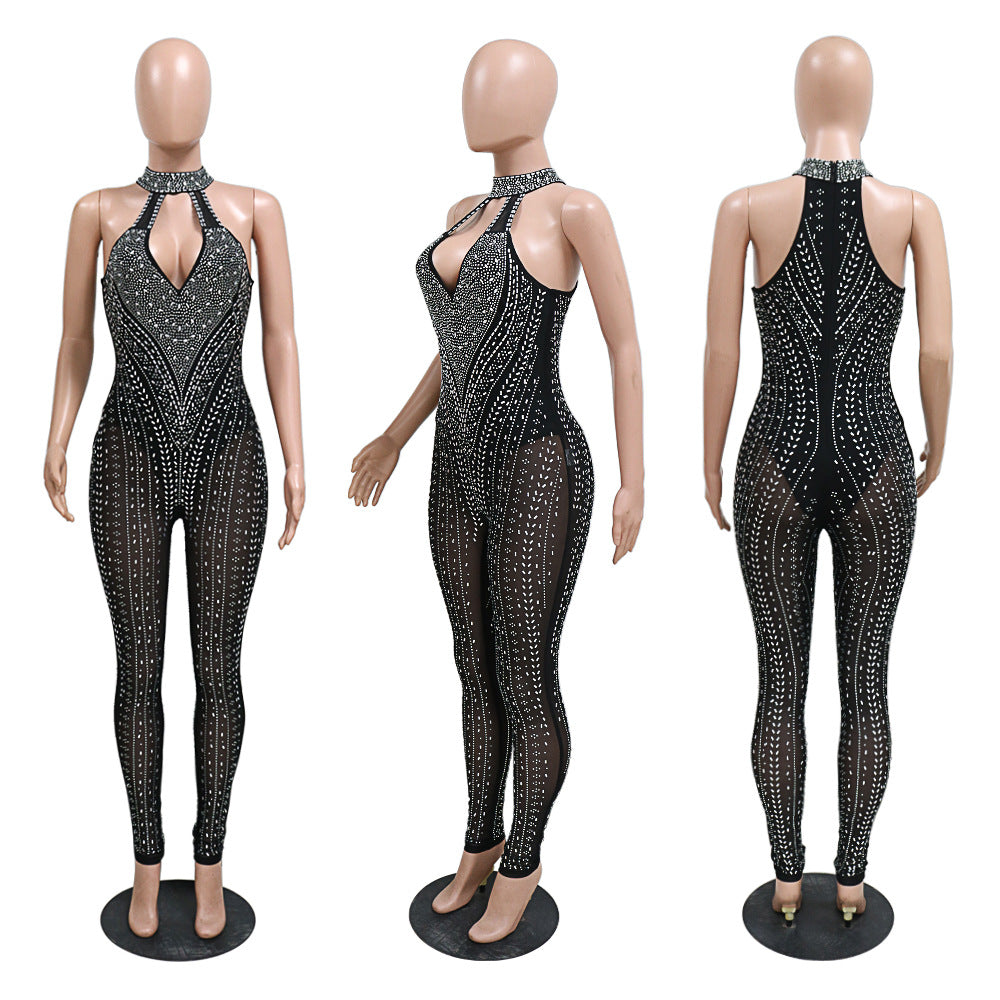 Sexy Cutout Beaded Sexy See-Through Zippered Jumpsuit Slim Fit Sleeveless Trousers 12