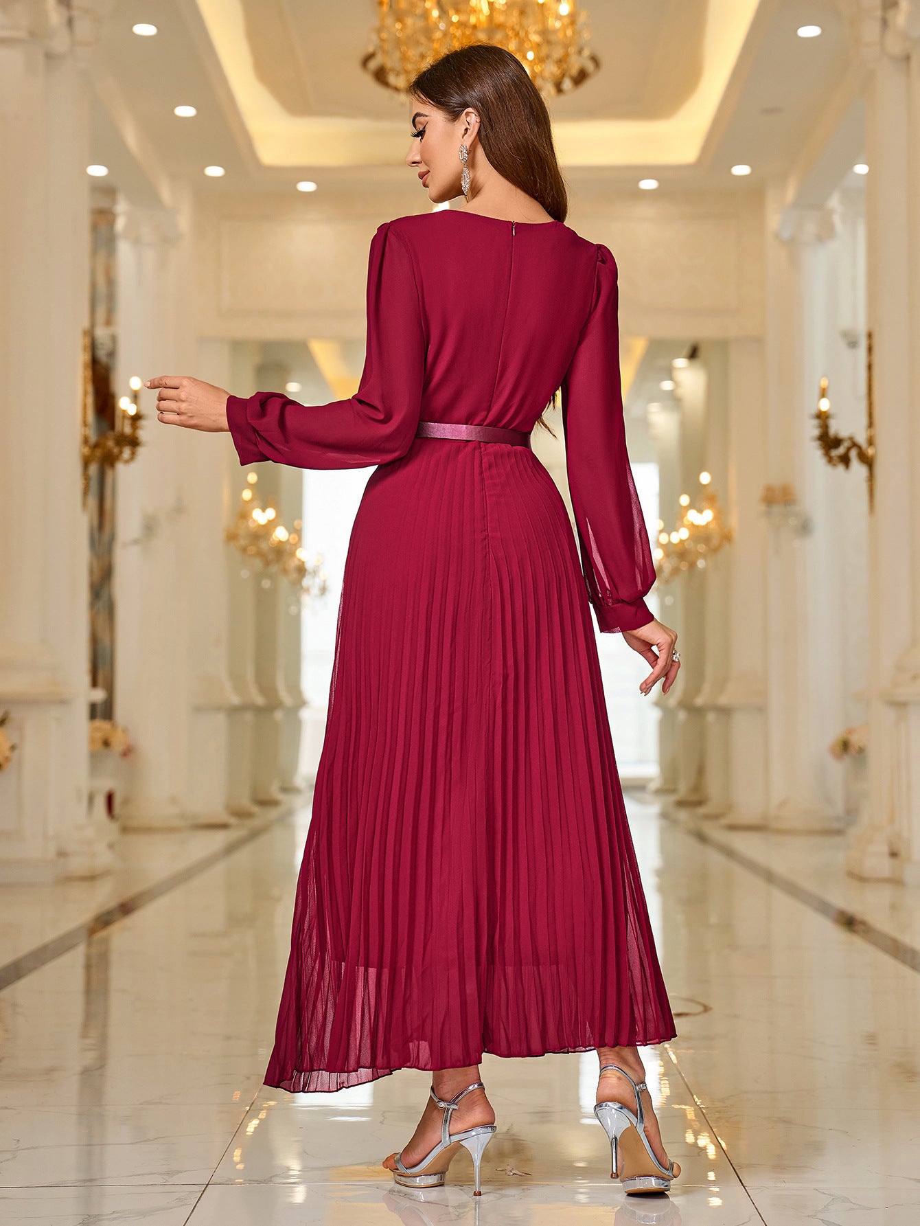 Autumn Winter Sexy Long Sleeve Pleated Belted Elegant Long Dress