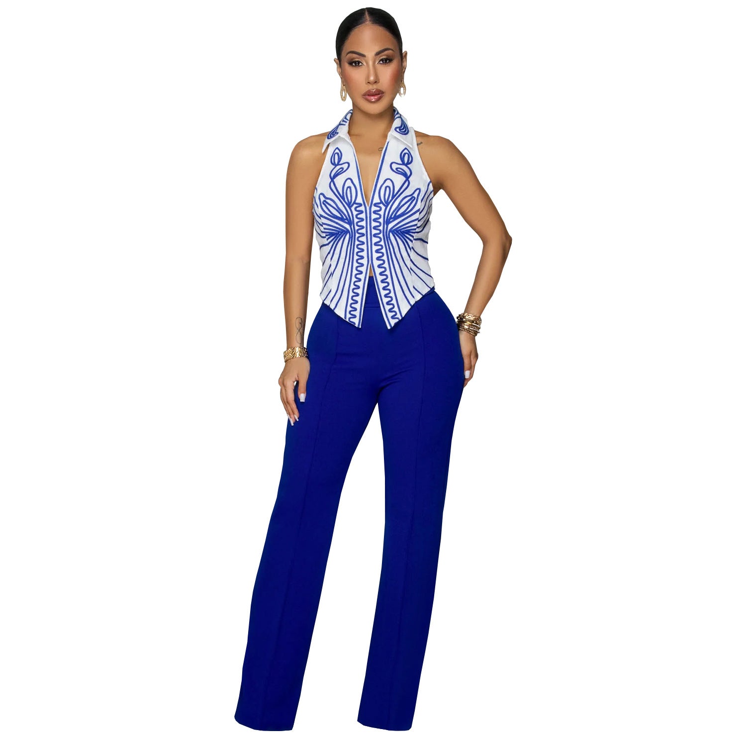 Women Elegant Printed Top and Pants Two-Piece Set 9