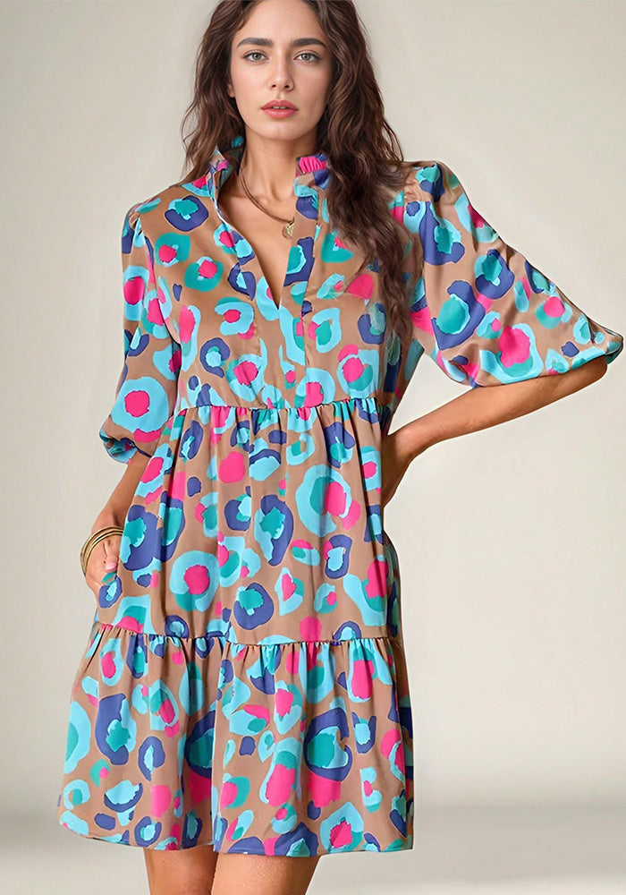 Spring/Summer Women's Print Puff Sleeves V-Neck Loose Half Sleeve Dress