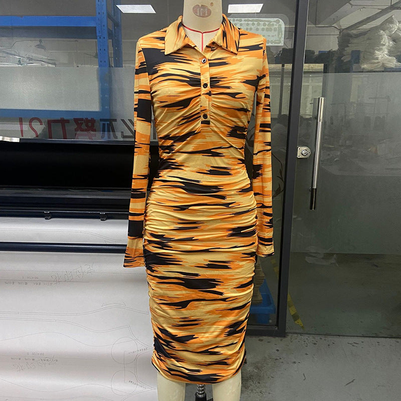 Women's Spring And Summer Printed Fashion Casual Pleated Long Sleeve Slim Chic Long Dress 13