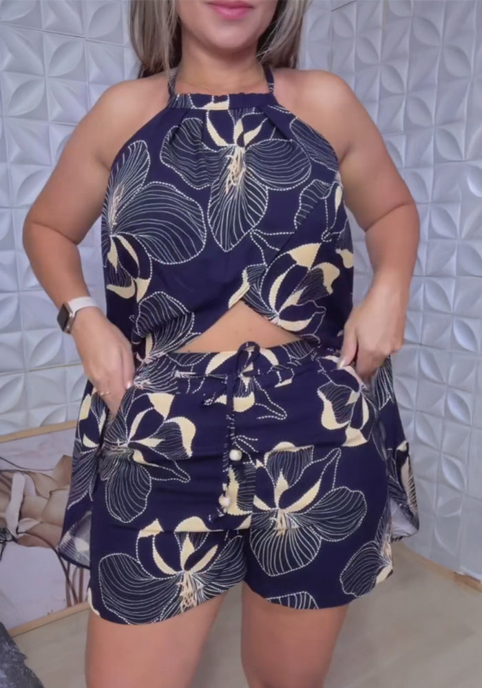 Women's Floral Print Halter Neck Slit Top + Elastic Waist Shorts Set