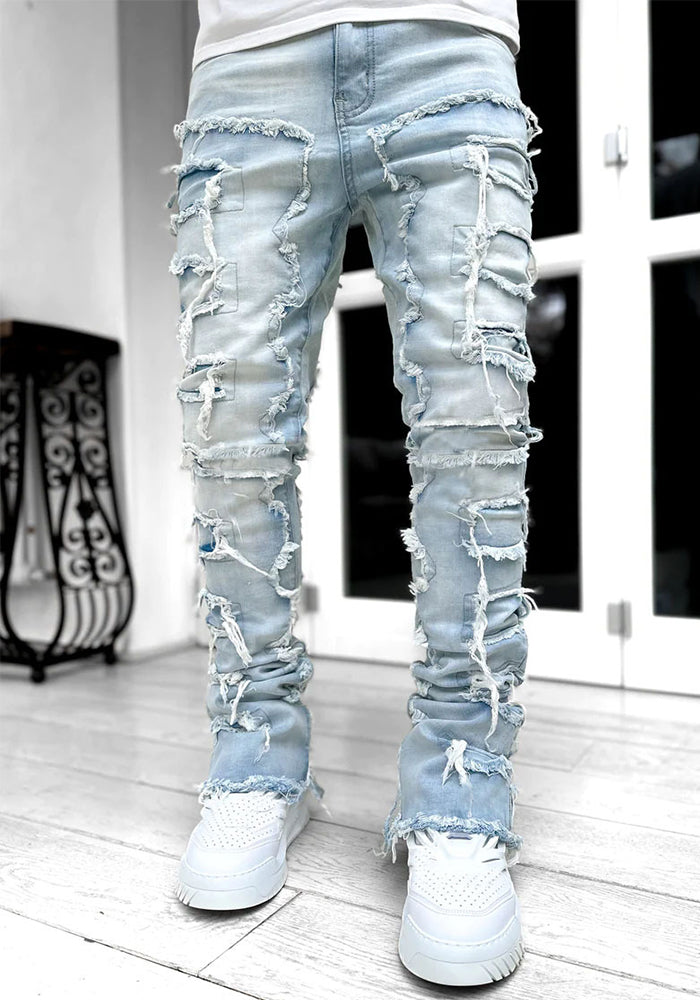 Men's Denim Straight Leg Pants Street Fashion Stretch Patch Denim Straight Leg Pants 9