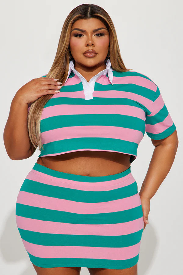 Women Autumn Contrast Striped Shirt Collar Crop Top and Skirt Two-Piece Set 12