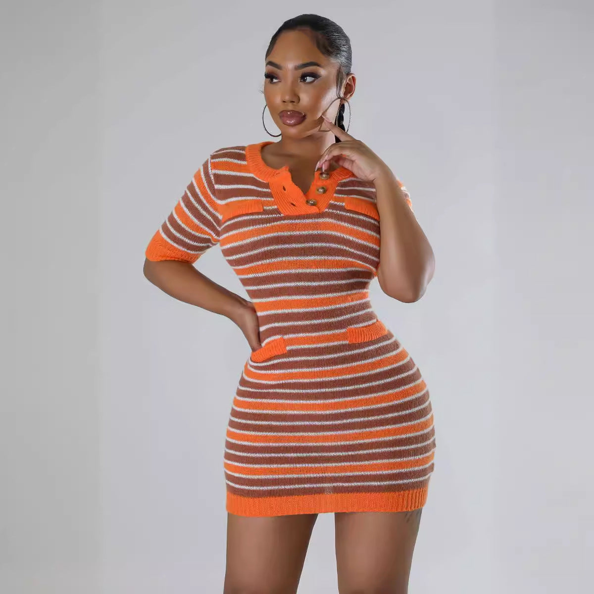 Women Round Neck Striped Knitting Short Sleeve Dress 7